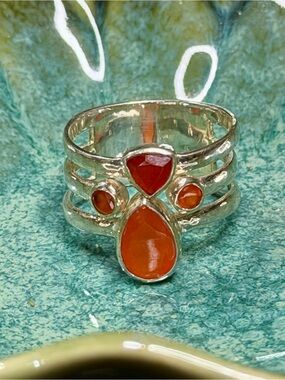 Vintage 925 Sterling Silver Carnelian Ring | Size 9 | Multi Stone Statement Ring